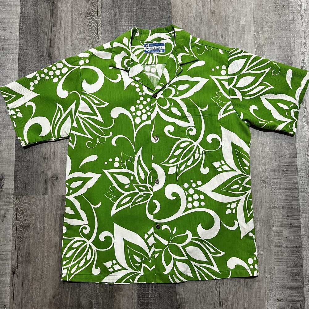VTG 60s Waltah Clarks Hawaiian Shop Green Floral Loop Collar Button Camp Shirt